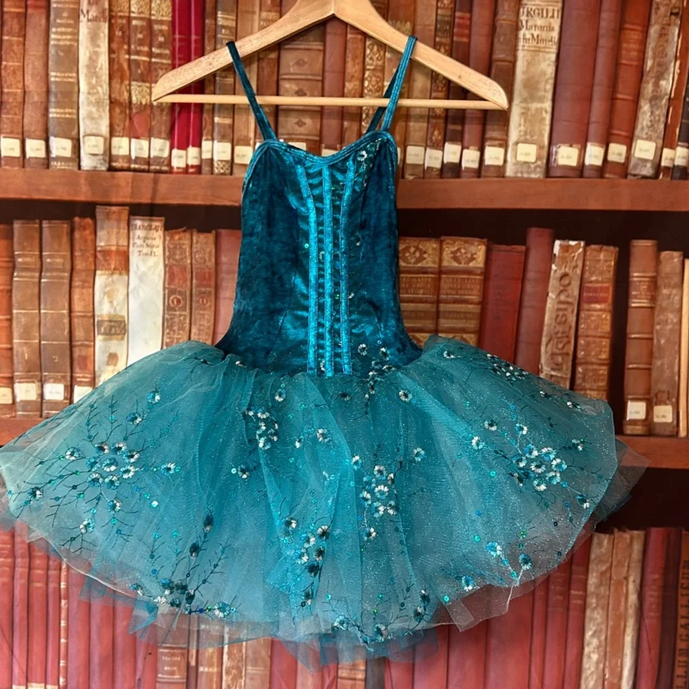 Curtain Call Costumes Teal Sequin Tutu Dance Costume Dress Child Large CLA